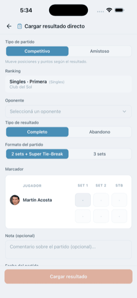 Cargar el resultado de un partido con su marcador